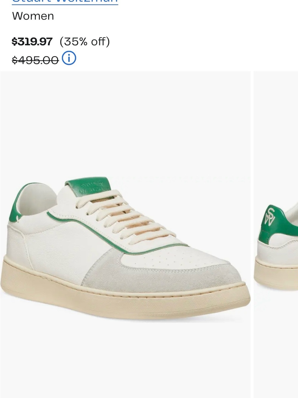 Stuart Weitzman White Leather Low-Top Sneakers with Green Accents